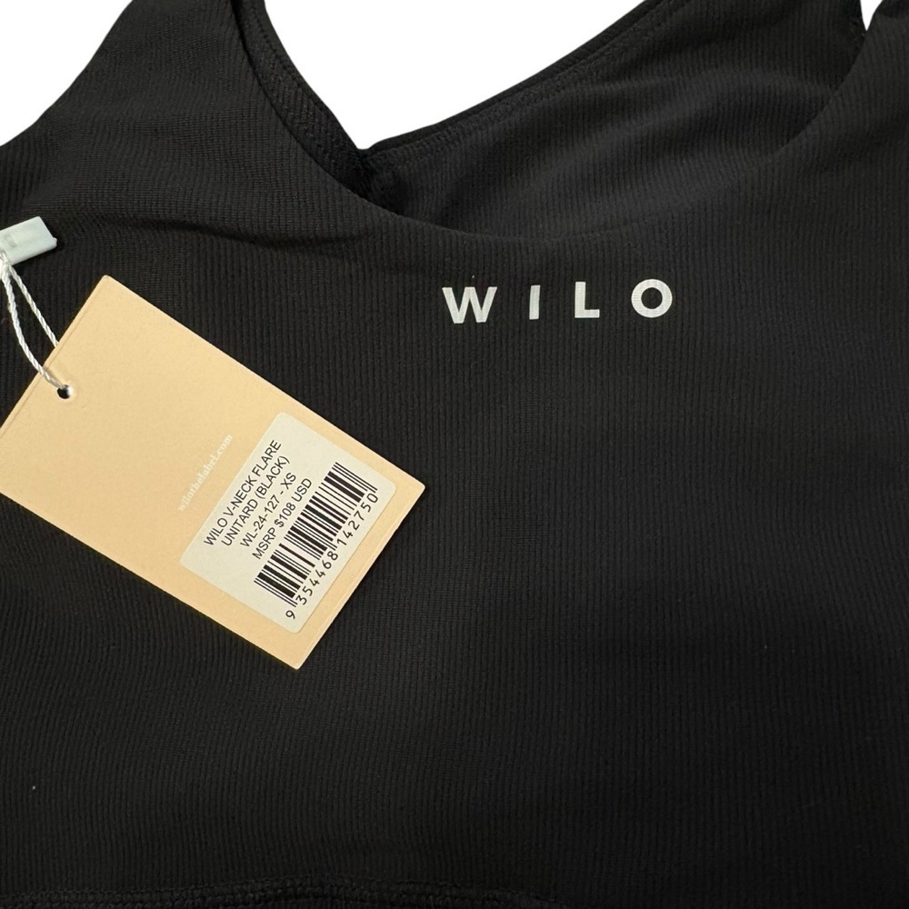 WILO THE LABEL V-Neck Flare Unitard Ribbed Black Jumpsuit Activewear Size XS NWT - Picture 4 of 8